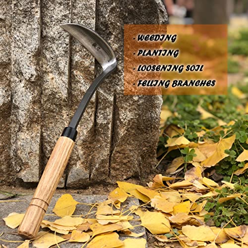 Japanese Weeding Sickle Hoe Gardening Tools 13-Inch Weed Remover Tool High-Carbon Steel One-Piece Molding with Hard Solid Wood Handle(Snake-Necked) - color: Snake-Necked