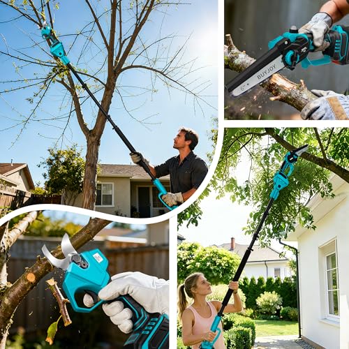 4-in-1 Pole Saw & Electric Pruning Shears, 1.4" Cutting Diameter Cordless Pruner, 6 Inch Chainsaw for Tree Trimming, 9.5ft Max Extension Pole, 2 x 4.0Ah Batteries, Battery Powered Pole Saw for Garden - color: Black Blue