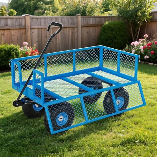 Steel Garden Cart - 500 lbs Heavy Duty Mesh Utility Wagon, Removable Sides, Flexible Handle, 10" Tires for Yard, Lawn, Outdoor Gardening - Blue (Pantone 2945C, HEX: #1E50B3) | 500 pounds | - color: Blue, size: 500 LBS