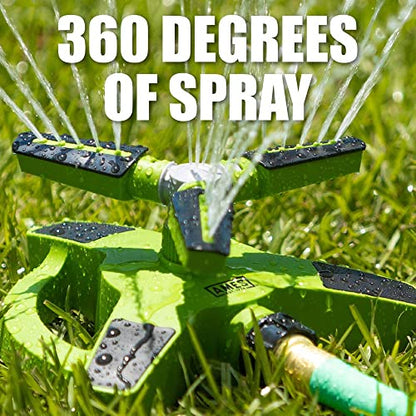 AMES Rotating Revolving Sprinkler with 3 Arms, 360 Degrees, Adjustable Lawn or Garden Watering, Large Spray Area Coverage, Easy Hose Connection, Green - style: Rotating Sprinkler