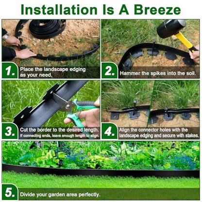 Landscape Edging, 2 Inch Tall 33 Ft No Dig Landscape Garden Edging Border Kit with 50 Anchoring Spikes, Plastic Garden Border for Landscaping Flower Bed Lawn Yard Grass Paver Pathway Walkway, Black - size: 2IN x 33FT