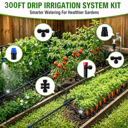 300FT Drip Irrigation System Kit, Quick Push-to-Connect Auto Garden Watering Irrigation System with 70FT 1/2'' & 230FT 1/4'' Tubing, Adjustable Dripper Sprayers for Raised Bed, Lawn, Greenhouse - size: 300FT
