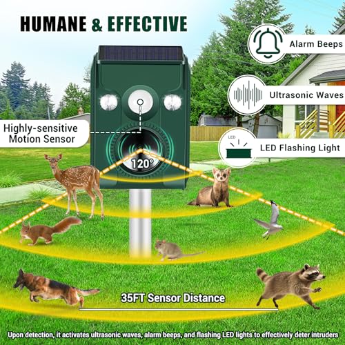 Solar Animal Repeller,5 Modes Ultrasonic & Flashing Light,IP66,Cat Repellent Outdoor for Skunk,Cat,Squirrel,Deer,Snake,Raccoon Deterrent in Yard Garden Farm