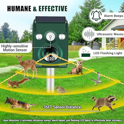 Solar Animal Repeller,5 Modes Ultrasonic & Flashing Light,IP66,Cat Repellent Outdoor for Skunk,Cat,Squirrel,Deer,Snake,Raccoon Deterrent in Yard Garden Farm