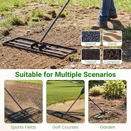 Goplus Lawn Leveling Rake, 30" x 10" Heavy Duty Level Lawn Tool w/ Ergonomic Handle for Soil, Effort-Saving Landscape Rake for Garden, Backyard, Golf Course, Farm, Pasture (Black) - color: Black