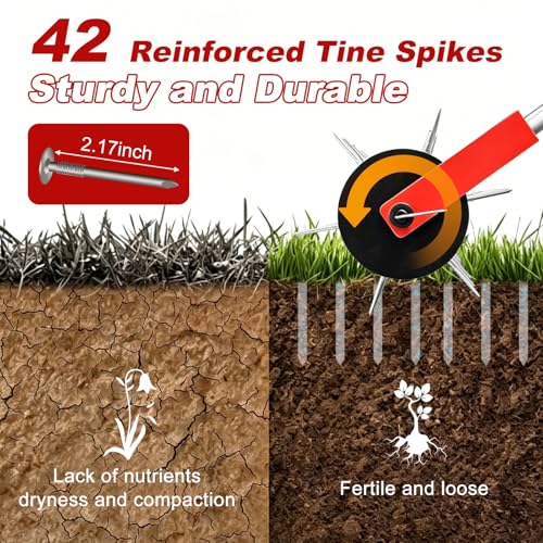 Rolling Lawn Aerator Tool Heavy Duty Manual Push Aerator Lawn Tool with 42 Spikes Lawn Aerator Spike Tool Soil Penetrator Push Lawn Aeration for Garden Yard Patio (Red)