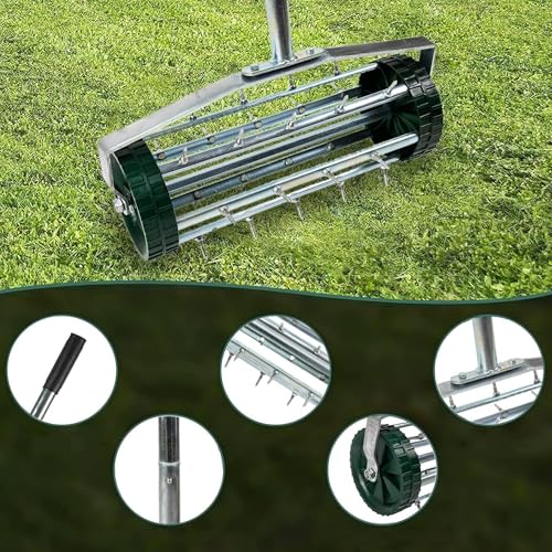 Rolling Lawn Aerator, Heavy Duty Push Tine Spike Aerator Gardening Tool with 3-Piece Long Steel Handle and Rolling Spikes, Manual Rotary Soil Lawn Aeration for Garden Yard Patio