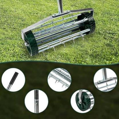 Rolling Lawn Aerator, Heavy Duty Push Tine Spike Aerator Gardening Tool with 3-Piece Long Steel Handle and Rolling Spikes, Manual Rotary Soil Lawn Aeration for Garden Yard Patio
