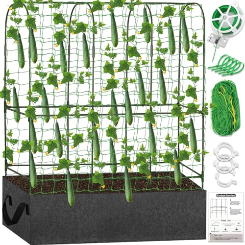 Garden Cucumber Trellis for Climbing Plants Outdoors, 65 x 50 Inch Large Metal Garden Trellis with Gardening Tools Nylon Garden Netting for Raised Bed Vegetable Fruit Flower Grow Support(U-Shape) - color: U-Shape + bag
