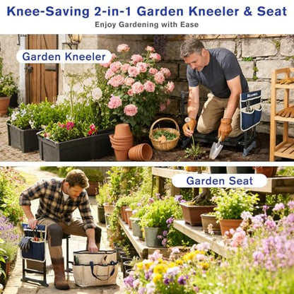 Garden Kneeler and Seat, Extra Wide Thick EVA Pad, Heavy Duty Foldable Garden Bench Holds 350lbs, Ergonomic Kneeling Stool with Garden Tool Pouches, Gardening Gifts for Women, Men & Seniors - color: Beige & Blue