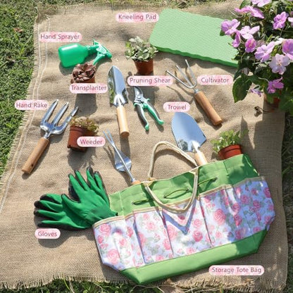 LeMotech Garden Tools Set, 10-Piece Heavy Duty Garden Hand Tools Kit with Wooden Handle, Durable Organizer Bag for Garden Supplies, Gardening Gifts for Women Grandmother, Pink Floral Pattern - style: Pink Floral Garden Bag