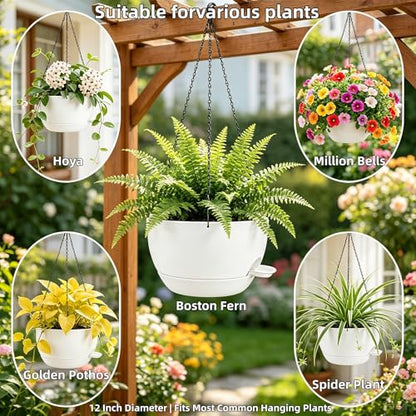 12" Self Watering Hanging Planters with Chains, White, 2 Pack - color: White, size: 2 pack 12 inches