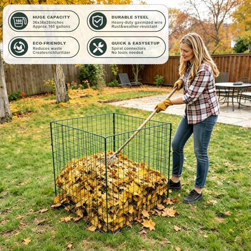 Large Compost Bin Outdoor, Square Mesh Garden Wire Compost Bin for Stacking Leaves and Yard Waste Green 36X36X28 Inches - color: Green