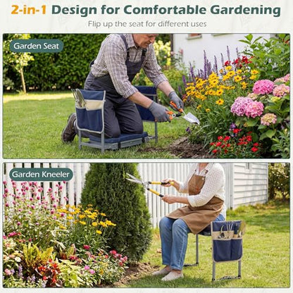 Goplus Foldable Garden Kneeler and Seat, 11" Wide 2-in-1 Gardening Bench, Detachable Thick EVA Foam Pad, 350 lbs Heavy-Duty Metal Frame, Tool Pouch, Portable Stool, Gardening Kit for Seniors (Blue) - color: Blue, style: With Kneeling Pad