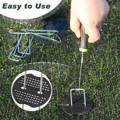 FEED GARDEN Landscape Staples 6 Inch 200 Pack Kit, Heavy Duty 11 Gauge Hot-Dip Galvanized Garden Stakes with 200 Gaskets & 1 Pick Hook for Weed Barrier, Landscape Fabric, Sod, Turf & Garden Edging
