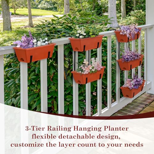 OYEAL Hanging Flower Pots for Railing Fence Outdoor Window Boxes Planter with Adjustable Hooks, Set of 2 Deck Rail Planters with 6 Detachable Plastic Planter Boxes, Drainage Holes, Brick Red - color: Brick Red