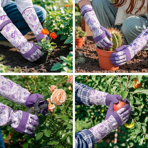 Gardening Gloves for Women, Long Garden Gloves with Grip, Thorn-Proof, Gift - color: Light Purple - Flower
