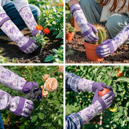 Gardening Gloves for Women, Long Garden Gloves with Grip, Thorn-Proof, Gift - color: Light Purple - Flower
