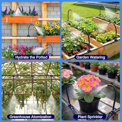 GOTGELIF 100FT Drip Irrigation Kit, with 25Pcs 360° Adjustable Nozzles, 5/16" Tubing, 30 T-connectors, Water-Saving System, Garden Watering Sprinkler for Greenhouse, Vegetable,Potted Plants, Lawn - size: 100FT+25 Nozzles