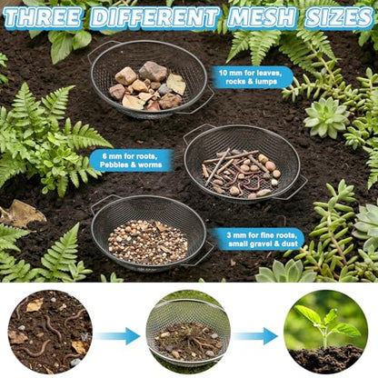 3PCS Soil Sifter 3,6,10mm Rock Sifting Screen with Shovel Gloves Black - size: Black-3PCS(1/8in,1/4in,3/8in)