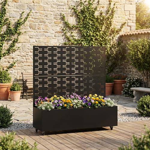 Metal Raised Garden Bed with Trellis and Wheels, 47"x47"x16" (Black-Brick) - color: Black-brick, size: 47"x47"x16"