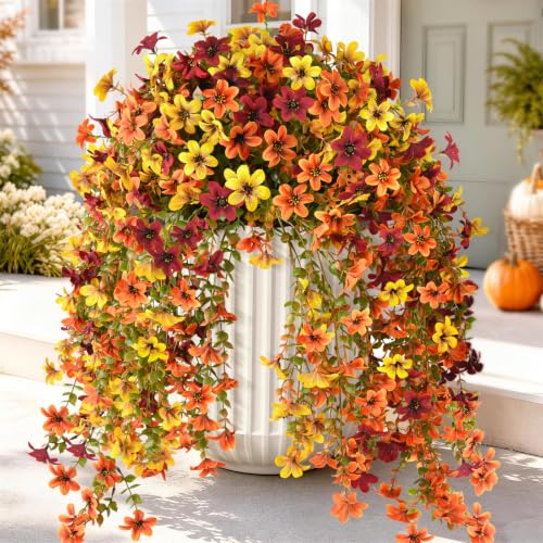 Artificial Fall Flowers Fake Mums UV Hanging Plants for Outdoors Decor - color: Orang,sunset Red