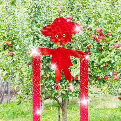 Hanging Bird Scare Reflective Devices, Double-Sided Highly Reflective Bird Deterrents Shiny Scarecrow Shape Reflectors with Bell to Scare Birds Away from Yards, Patios, and Farms (Silver + Red)