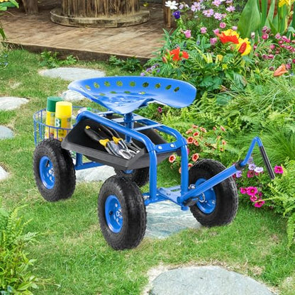 Rolling Garden Seat, Garden Stool with Wheels, Extendable Handle, Storage Basket & Tool Tray, Garden Scooter with 360 Degree Swivel Seat for Outdoor, Garden & Yard (Blue) - color: Blue