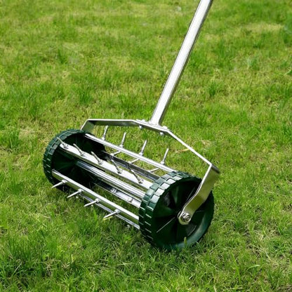Rolling Lawn Aerator Tool, 57 Inch Back-Saving Handle, Heavy Duty Galvanized Steel Spike Aerator for Grass Roots, 1.4" D Manual Push Loosener