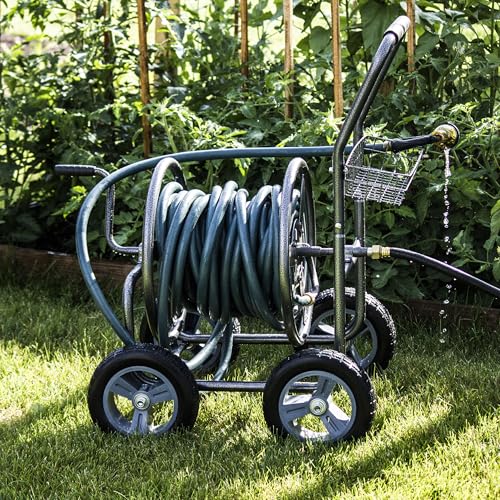 Backyard Expressions Metal Hose Reel Cart with Wheels - Heavy Duty Hose Caddie - 250 Ft Hose Capacity - Hammertone Finish - style: 2023 4 Wheel