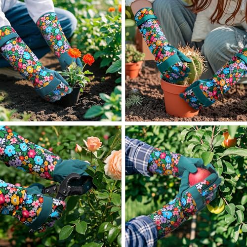 Gardening Gloves for Women, Long Garden Gloves with Grip, Thorn-Proof, Gift - color: Dark Green - Flower Leaf