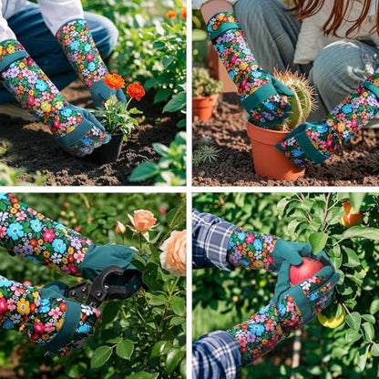 Gardening Gloves for Women, Long Garden Gloves with Grip, Thorn-Proof, Gift - color: Dark Green - Flower Leaf