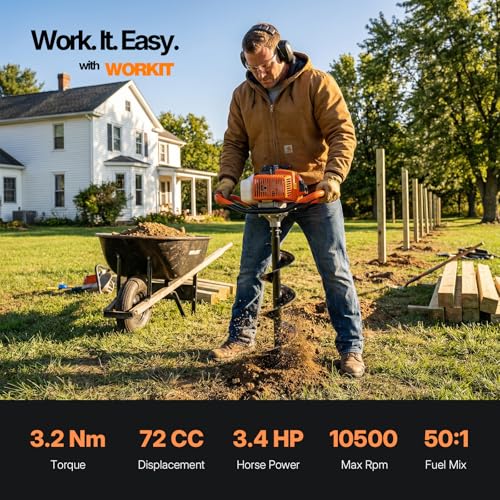 WORKIT Gas Powered Post Hole Digger, 72CC 2-Cycle Post Hole Auger with 6" & 8" Bits, 20"+30" Extension Rods, Heavy-Duty Earth Auger for Fencing and Planting Trees, EPA Certification