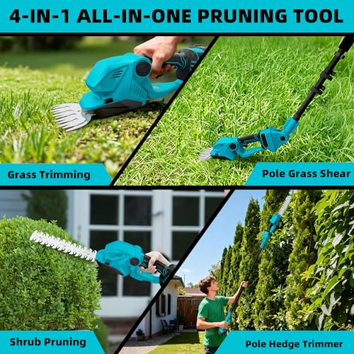 4-in-1 Pole Hedge Trimmer & Cordless Grass Shears,2×4.0 Ah Batteries & Included Charger,Dual Blade Design,Extension Tree Pruner,Bush Trimmer for Tree Trimming/Garden/Lawn - color: Blue Black