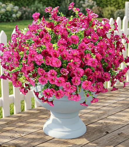 Artificial Flowers Fake Plants for Outdoors fall Decoration, 12 Bundles Silk Morning Glory with Eucalyptus Realistic UV Resistant Fuchsia Faux Flowers for Outside Planter Yard Patio Garden Home Indoor - color: Fuchsia