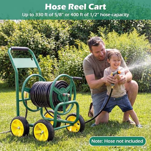 Garden Hose Reel Cart, Mobile Water Hose Cart with Heavy-duty Metal Frame & 4 Solid Wheels, Hold up to 330 ft of 5/8" Hoses, Outdoor Planting Tool for Lawn & Backyard (Green) - color: Green