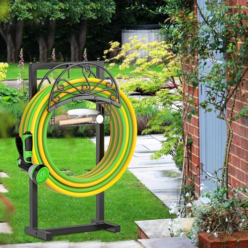 Garden Hose holder, 4-Spike Heavy Metal with Storage Basket, Swirl - style: Floral with Storage Basket