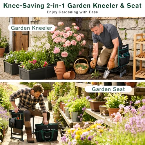 Garden Kneeler and Seat - Extra Wide Thick EVA Pad, Heavy Duty Foldable Garden Bench Holds 350lbs, 2-in-1 Gardening Stool with Detachable Tool Bags, Gardening Gifts for Women, Men & Seniors - color: Black & Green