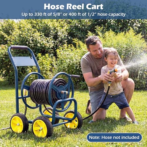 Garden Hose Reel Cart, Mobile Water Hose Cart with Heavy-duty Metal Frame & 4 Solid Wheels, Hold up to 330 ft of 5/8" Hoses, Outdoor Planting Tool for Lawn & Backyard (Navy Blue) - color: Navy Blue