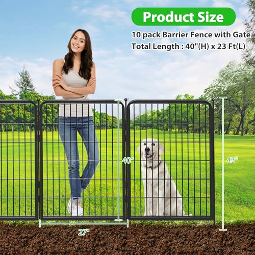 Decorative Black Metal Fencing Garden Fence with Gate, 23ft(L) 40in(H) 10 Fence Panels No Dig Fence Rustproof Animal Barrier Fence Temporary Dog Panels Fencing Outdoor - size: 23ft-40"H(9 Panels+1 Gate)