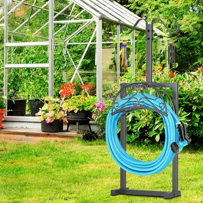 Garden Hose Holder, Freestanding Hose Reel Stand with Shepherd Hook - style: Floral with Shepherds Hooks