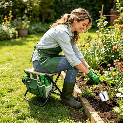10 Piece Green Gardening Tool Set– Stainless Steel Tools with Wooden Handles, Folding Stool & Canvas Tote, Durable Garden Kit for Every Gardener