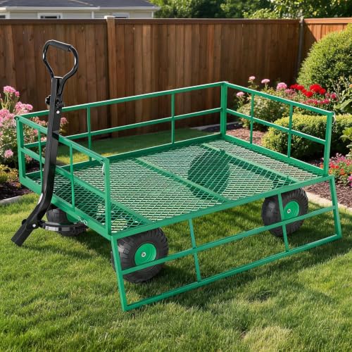 Steel Garden Cart - 1200 lbs Heavy Duty Outdoor Utility Wagon, 13" Wheels, Removable Mesh Sides, 2-in-1 Pull or Push Handle, for Yard, Lawn, Gardening - Green (Pantone 355C, HEX: #4CAF50) | - color: Green, size: 1200 LBS