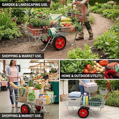 Heavy Duty Garden Utility Cart with Wheels, 330 lbs Rolling Trolley with Steel Frame and Large Rubber Tires for Yard Patio Lawn Plant Tool Transport