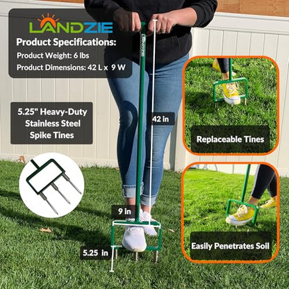 Landzie - Lawn Aerator Tool 42" Set, Hollow & Spike Tines - size: Hollow + Spike Tine Aerator