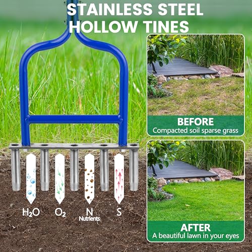 Lawn Coring Aerator, Stainless Steel 5 Corer Plug Aerator Tool with Soft Rubber Grip, Manual Grass Aerating Tool, Garden Tool & Cleaning Hand Tool for Loosening Soil and Improving Lawn Health.