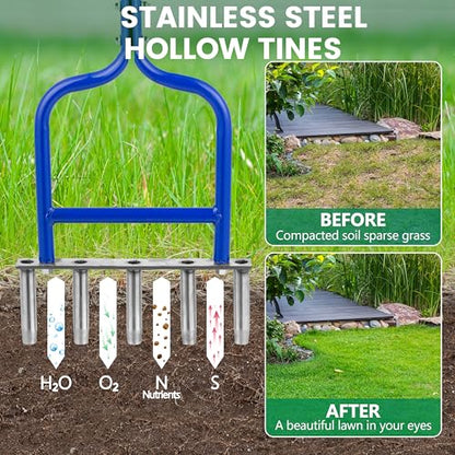 Lawn Coring Aerator, Stainless Steel 5 Corer Plug Aerator Tool with Soft Rubber Grip, Manual Grass Aerating Tool, Garden Tool & Cleaning Hand Tool for Loosening Soil and Improving Lawn Health.
