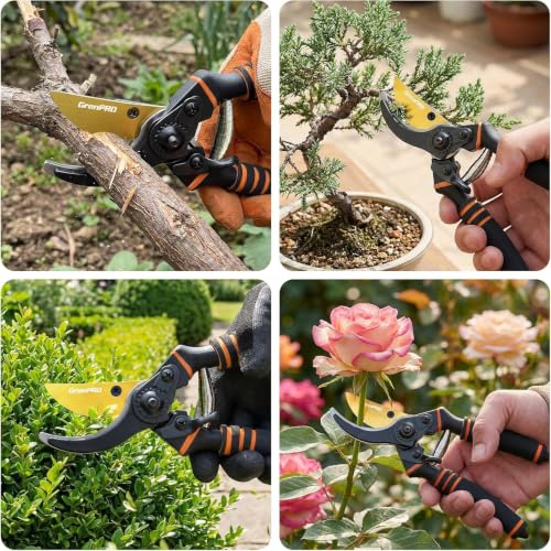 GRENPRO 8.6" Bypass Pruning Shears with SK5 Blades, 1.38" Cut Capacity - color: Black