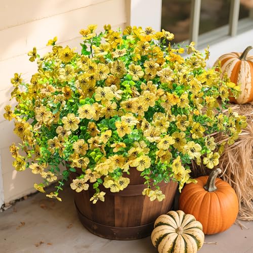 Daisy Artificial Flowers for Outdoors Decor, 12 Bundles Faux Daisy with Eucalyptus Fake Plants Greenery UV Resistant Look Real Colorful Faux Flowers for Outside Planter Porch Patio Gardens, Yellow - color: Yellow