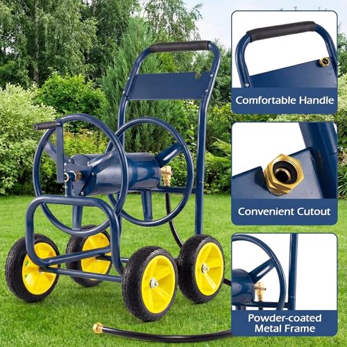 Garden Hose Reel Cart, Mobile Water Hose Cart with Heavy-duty Metal Frame & 4 Solid Wheels, Hold up to 330 ft of 5/8" Hoses, Outdoor Planting Tool for Lawn & Backyard (Navy Blue) - color: Navy Blue